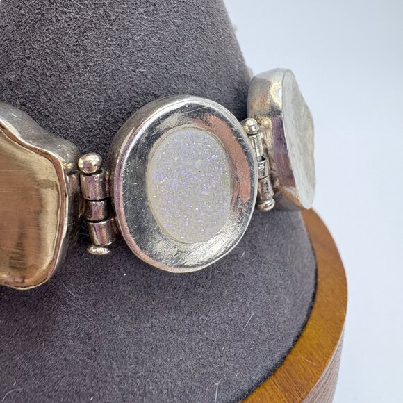 VTG Two Tone Sterling Silver 925 Slab Druzy Abstract Chain Bracelet 7.5" Length - Picture 4 of 16